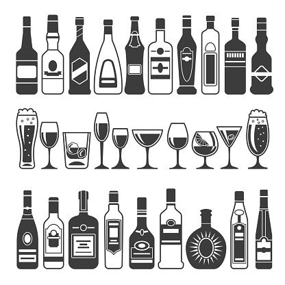 Monochrome illustrations of black pictures of alcoholic bottles. Vector for icon or label design. Alcohol bottle menu, drink cocktail glass
