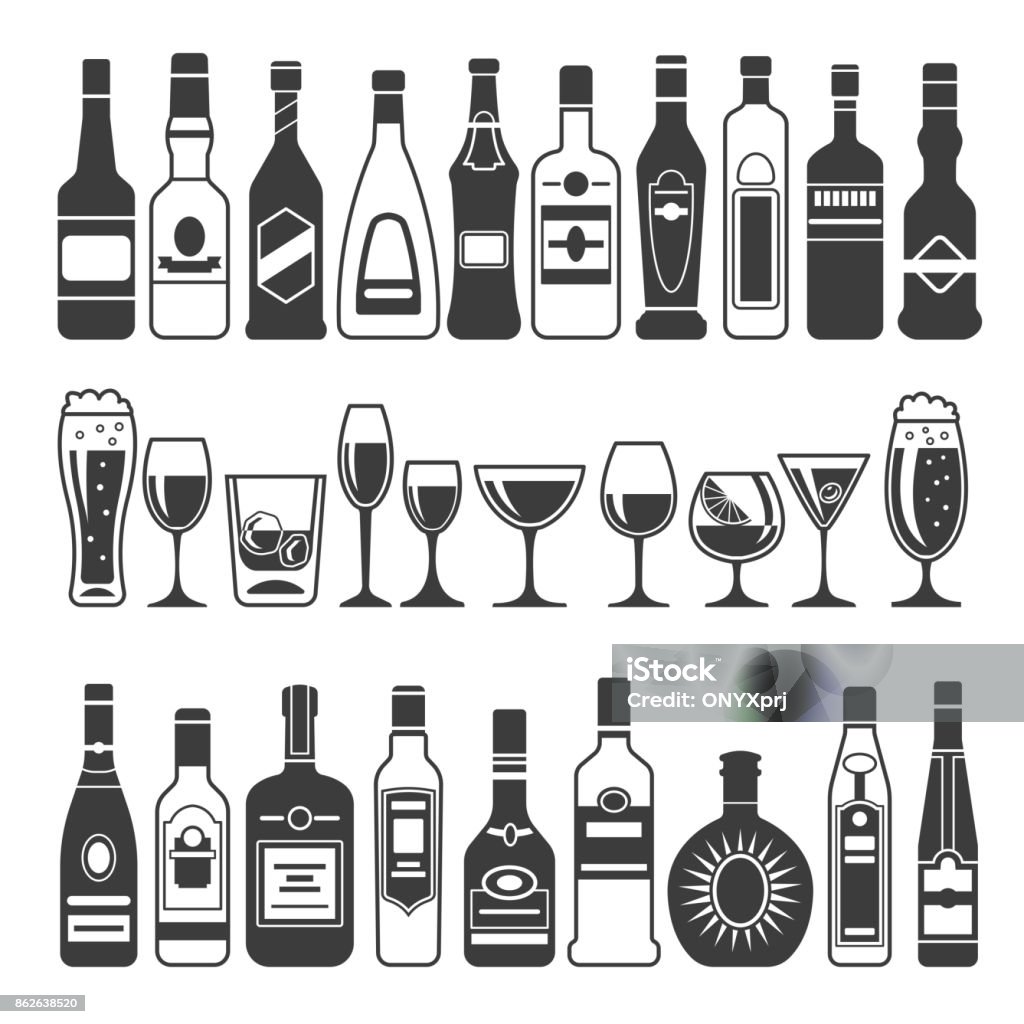 Monochrome illustrations of black pictures of alcoholic bottles. Vector illustrations for icon or label design Monochrome illustrations of black pictures of alcoholic bottles. Vector for icon or label design. Alcohol bottle menu, drink cocktail glass Bottle stock vector