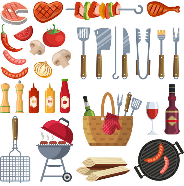 ilustrações, clipart, desenhos animados e ícones de diferentes ferramentas especiais e comida para churrasco festa. salsicha, carne, carne e legumes grelhados - food food and drink steak sauces