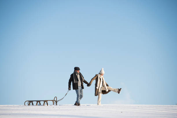 Beautiful senior couple on a walk pulling sledge, winter day.