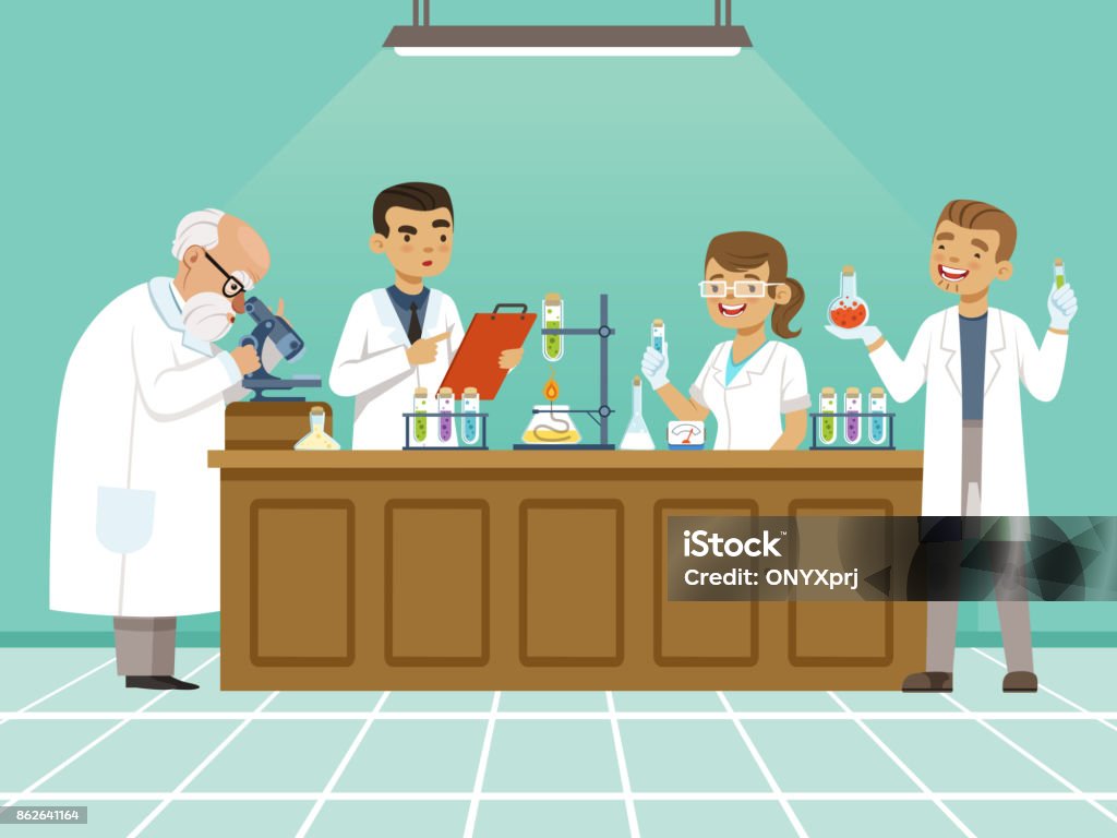 그들의 실험실에 전문 화학자 테이블에 다양 한 실험을 만든다. 남성과 여성의 의료 노동자 - 로열티 프리 과학자 벡터 아트