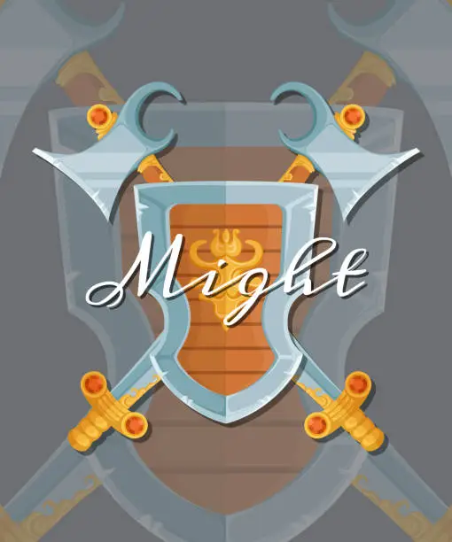 Vector illustration of Vector fantasy cartoon style game design medieval crossed shield, axe and sword elements with lettering and shadows