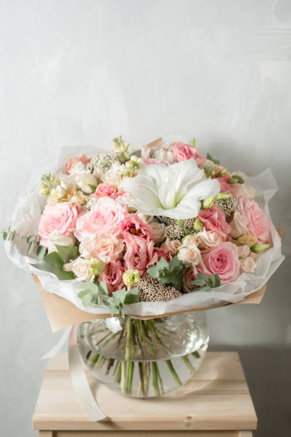 istock Flower composition on a gray background. Wedding and Festive decor. pink color. 862642330