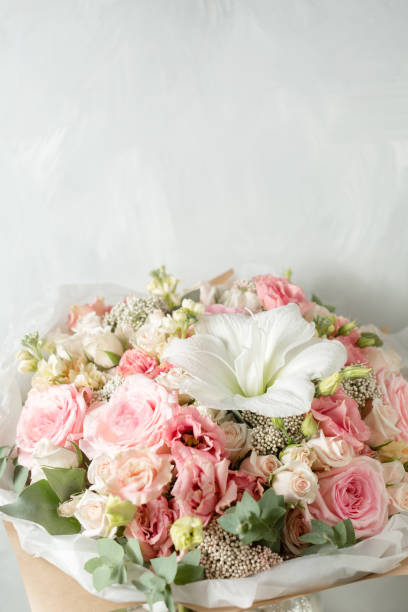 istock Flower composition on a gray background. Wedding and Festive decor. pink color. 862642430