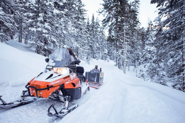 schneemobil reise im winterwald. - schneemobilfahren stock-fotos und bilder