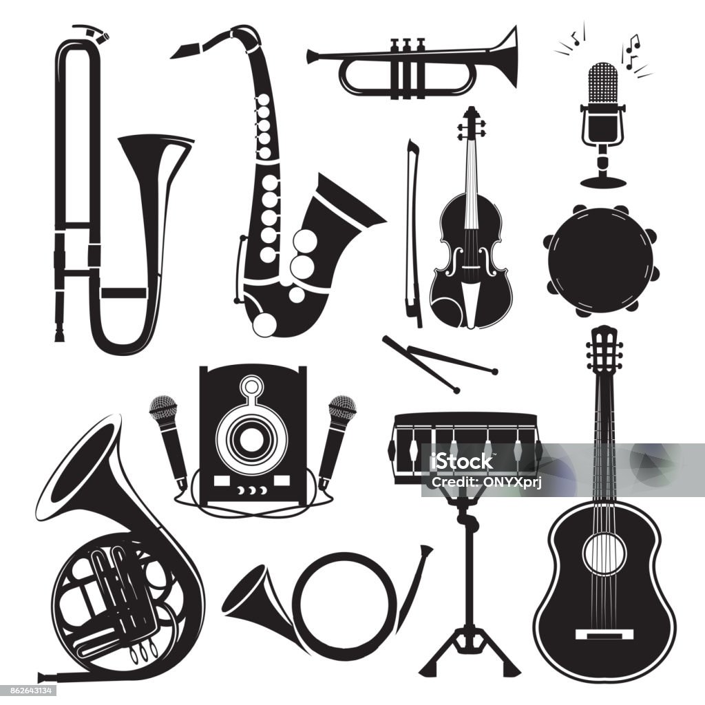 Different monochrome pictures of musical instruments isolated on white. Vector pictures set Different monochrome pictures of musical instruments isolated on white. Vector pictures set of musical instrument drum and trumpet, saxophone and violin illustration Music stock vector