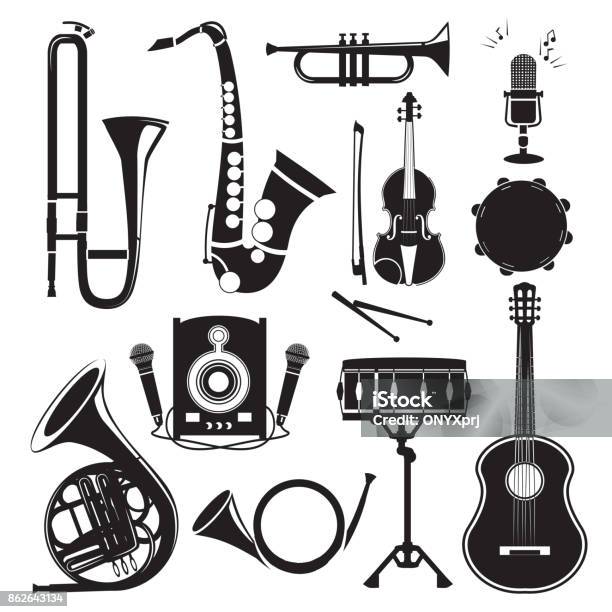 Different Monochrome Pictures Of Musical Instruments Isolated On White Vector Pictures Set Stock Illustration - Download Image Now