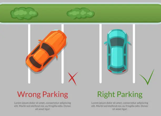 Vector illustration of Vector wrong and right parking cars on the parking lot top view illustration