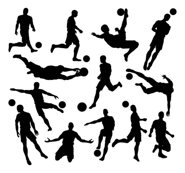 ilustraciones, imágenes clip art, dibujos animados e iconos de stock de siluetas de jugadores de fútbol fútbol - soccer vector silhouette professional sport
