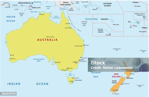 Ilustración de Mapa De Australia Y Nueva Zelanda y más Vectores Libres de Derechos de Australia - Australia, Mapa, Auckland