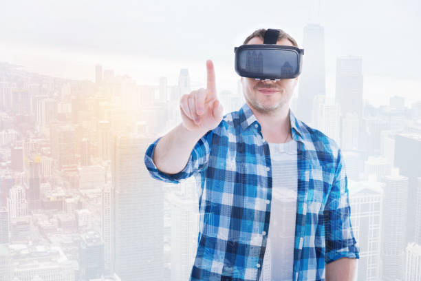 istock Pleasant man in VR headset pretending to ring doorbell 862653496