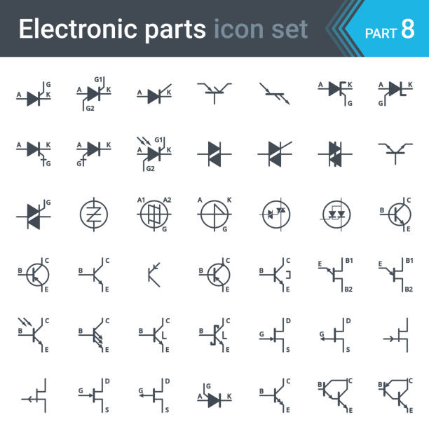 illustrations, cliparts, dessins animés et icônes de jeu de symboles schéma des circuits électriques et électroniques de transistors, thyristors, triacs et diacs - electromagnet