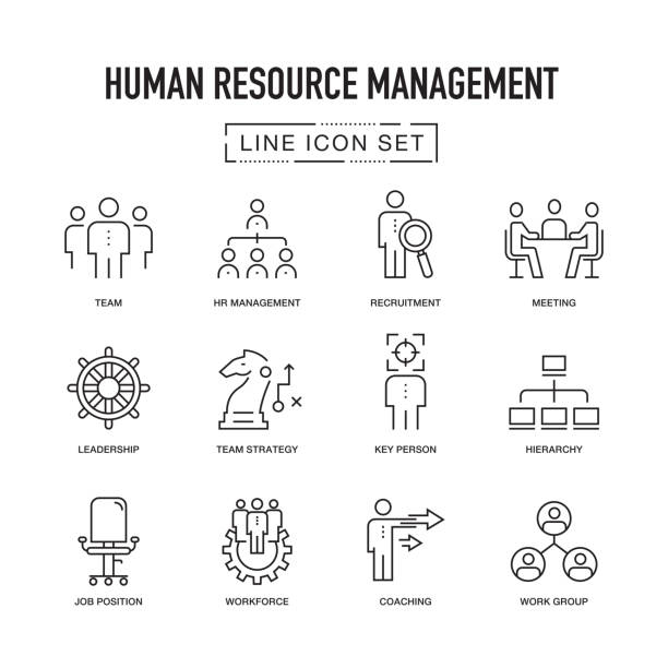 ilustraciones, imágenes clip art, dibujos animados e iconos de stock de recursos humanos gestión línea icons set - improvisar