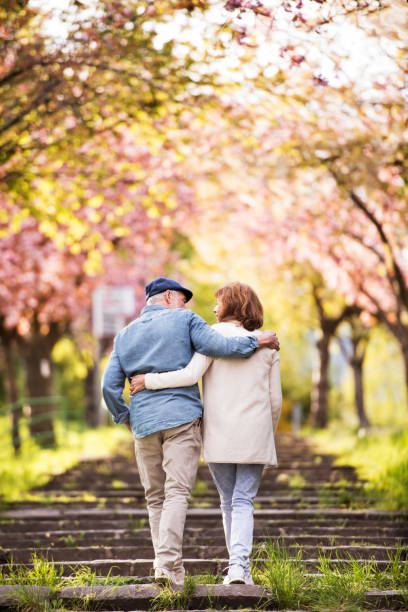 bella coppia senior innamorata fuori nella natura primaverile. - holding hands couple senior couple togetherness foto e immagini stock