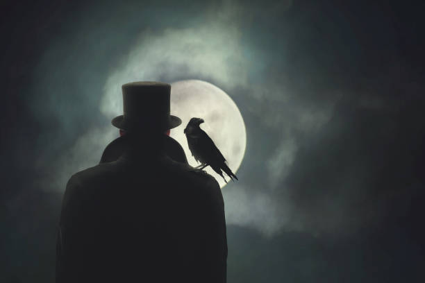 Man with crow on his shoulder observing the moon