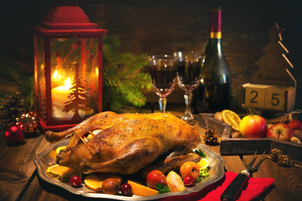 Roast Christmas duck with apples