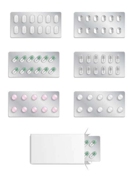 벡터 현실적인 제약 패키지 세트 - blister pack pill medicine healthcare and medicine stock illustrations