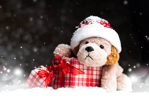 Decorative Christmas toy-dog, gifts in the snow on a dark background