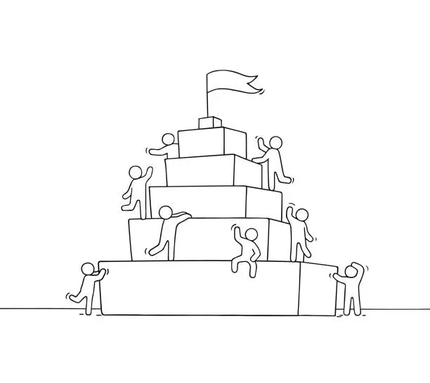 Vector illustration of Sketch of working little people with piramide.