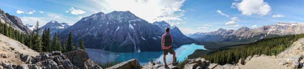 панорамный молодой человек турист на скале над горным озером - озеро пейто стоковые фото и изображения