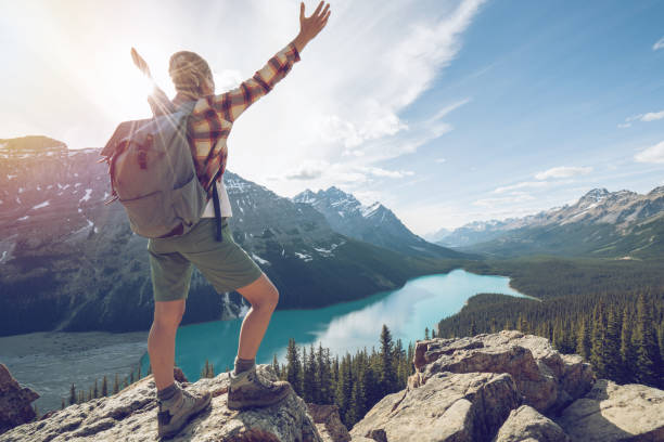 istock Hiker female on mountain top celebrating achievement 862664894