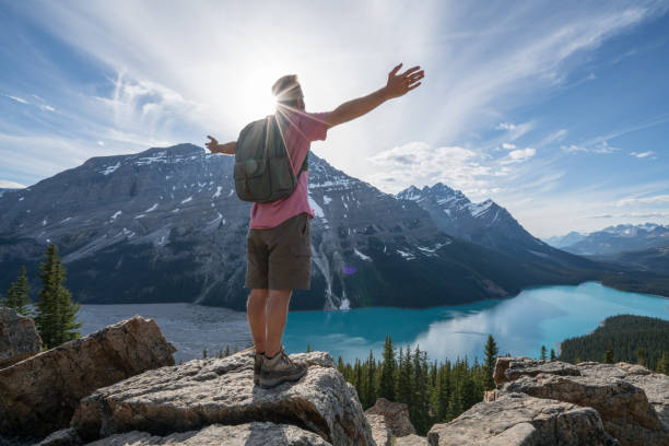 hiker мужчина на вершине горы празднования достижения - озеро пейто стоковые фото и изображения