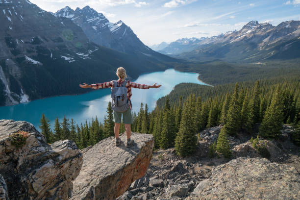 istock Hiker female on mountain top celebrating achievement 862667686