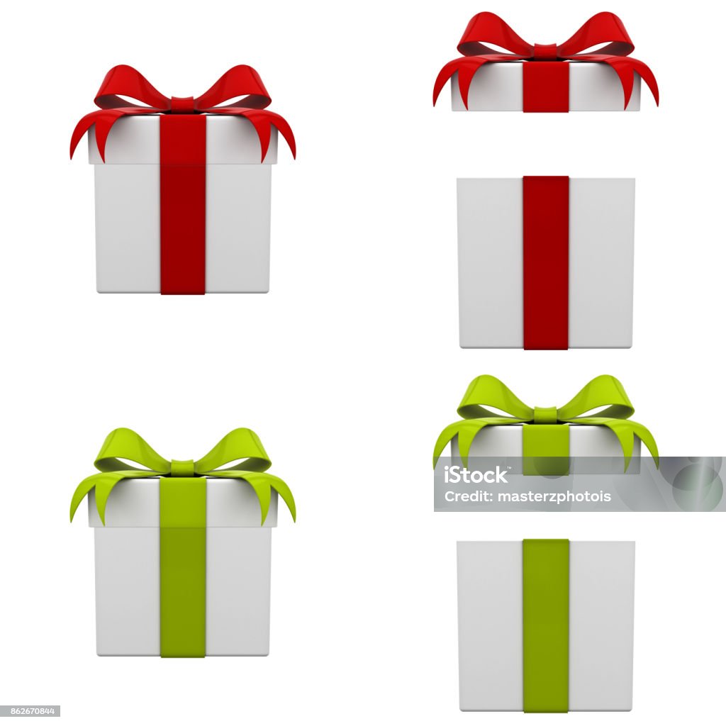 Collection of 3d gift boxes with red and green ribbon bows isolated on white background . 3D rendering Collection of 3d gift boxes with red and green ribbon bows isolated on white background . 3D rendering. Gift Box Stock Photo