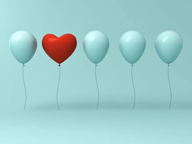 istock Stand out from the crowd and different concept , One red heart balloon different from other balloons on light green pastel color wall background with reflections and shadows . 3D rendering 862670904