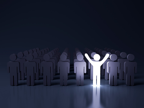 Stand out from the crowd and different creative idea concepts , One glowing light man standing with arms wide open among other people in the row on dark blue background with reflection . 3D rendering.