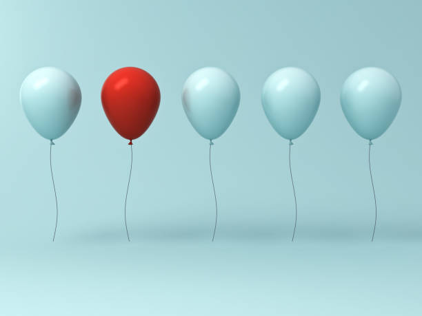 istock Stand out from the crowd and different concept , One red balloon different from other balloons on light cyan green pastel color wall background with reflections and shadows . 3D rendering 862670916