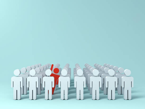 istock Stand out from the crowd and different creative idea concepts , One red man raising his hand among other white people on light green pastel color background with shadows . 3D rendering 862670928