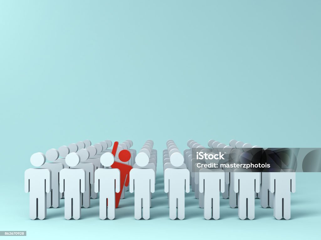 Stand out from the crowd and different creative idea concepts , One red man raising his hand among other white people on light green pastel color background with shadows . 3D rendering Stand out from the crowd and different creative idea concepts , One red man raising his hand among other white people on light green pastel color background with shadows . 3D rendering. Discovery Stock Photo