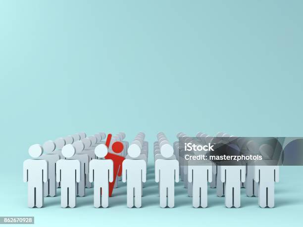 Stand Out From The Crowd And Different Creative Idea Concepts One Red Man Raising His Hand Among Other White People On Light Green Pastel Color Background With Shadows 3d Rendering Stock Photo - Download Image Now