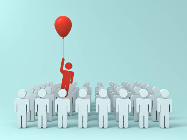 istock Stand out from the crowd and different creative idea concept , One man flying away from other people with red balloon on light green pastel color background with shadows . 3D rendering 862670984