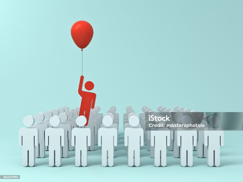 Stand out from the crowd and different creative idea concept , One man flying away from other people with red balloon on light green pastel color background with shadows . 3D rendering Stand out from the crowd and different creative idea concept , One man flying away from other people with red balloon on light green pastel color background with shadows . 3D rendering. Standing Out From The Crowd Stock Photo