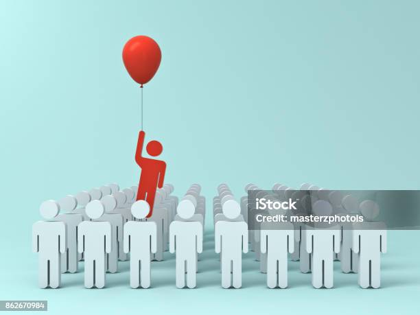 Stand Out From The Crowd And Different Creative Idea Concept One Man Flying Away From Other People With Red Balloon On Light Green Pastel Color Background With Shadows 3d Rendering Stock Photo - Download Image Now