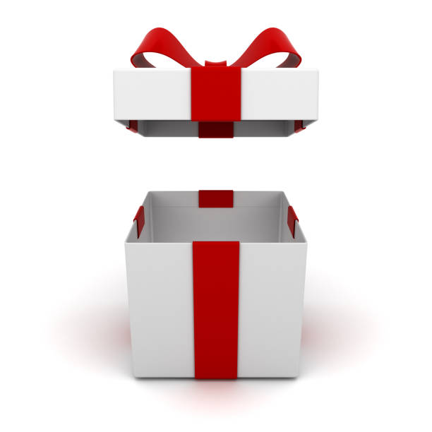 istock Open gift box and present box with red ribbon bow isolated on white background with shadow . 3D rendering 862671092