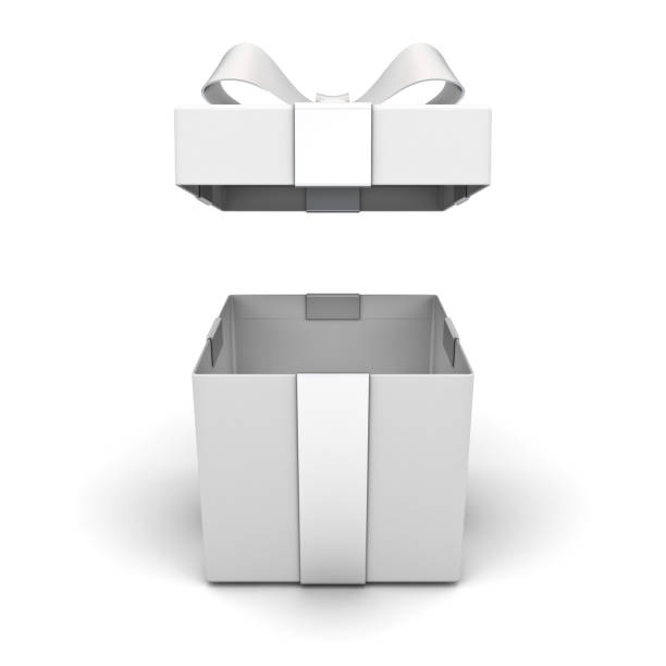 istock Open gift box or present box with silver ribbon bow isolated on white background with shadow . 3D rendering 862671100