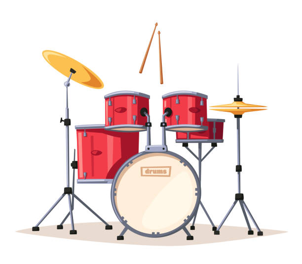 Drums. Rock music. Cartoon vector illustration. Rock music. Old school party. Cartoon vector illustration. Vintage style. For print and web. Drums. For concert promotion in clubs, bars, pubs and public places. drum percussion instrument stock illustrations