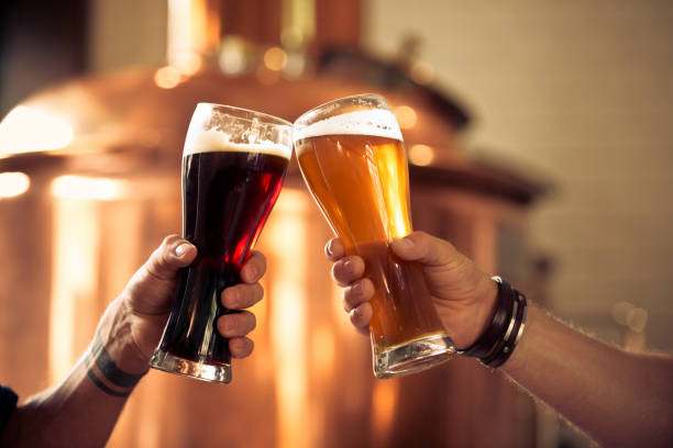 amigos brindando con vasos de cerveza en la cervecería - cerveza tipo ale fotografías e imágenes de stock