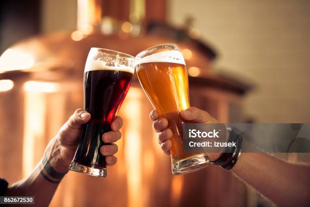 Friends Toasting With Beer Glasses In The Microbrewery Stock Photo - Download Image Now