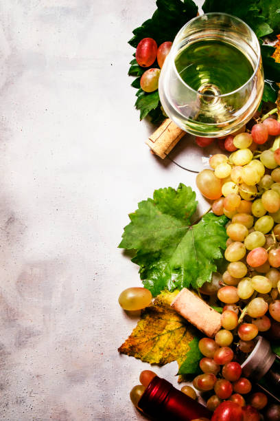 istock Dry white wine from chardonnay grapes, gray stone background, top view 862676510
