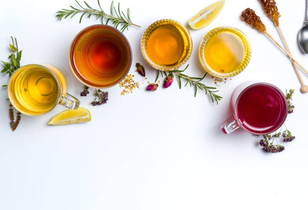 herbal tea collection glasses on white background - herbal tea imagens e fotografias de stock