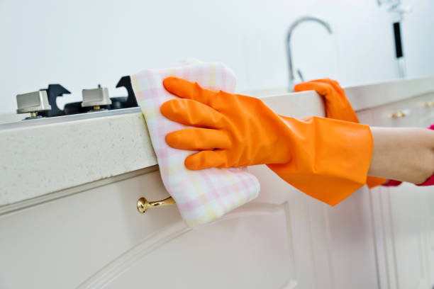 Woman hand cleaning the kitchen counter.