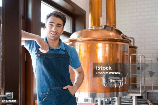 The Master Brewer In Micro Brewery Stock Photo - Download Image Now - Apron, Males, Waiter