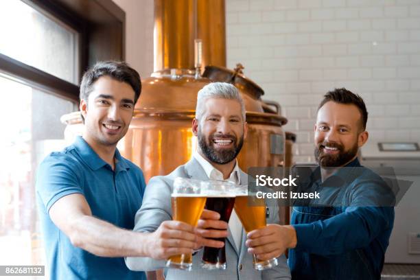 Microbrewery Team Toasting With Beer Stock Photo - Download Image Now - Three People, Beer Glass, Celebratory Toast