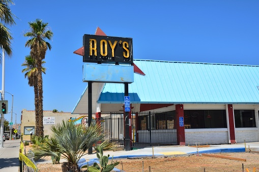 Barstow, California Usa - July 26 2017: Legendary Roy's Cafe on historic Highway Route 66 in Barstow.