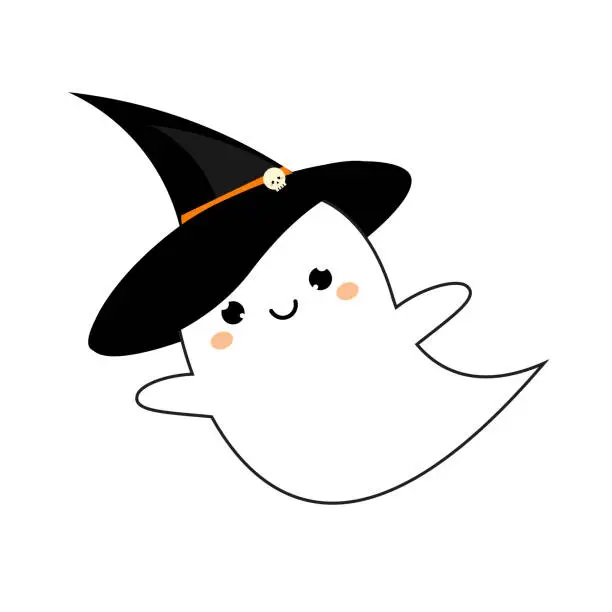 Vector illustration of Cute ghost in kawaii style in Halloween hat. Vector icon