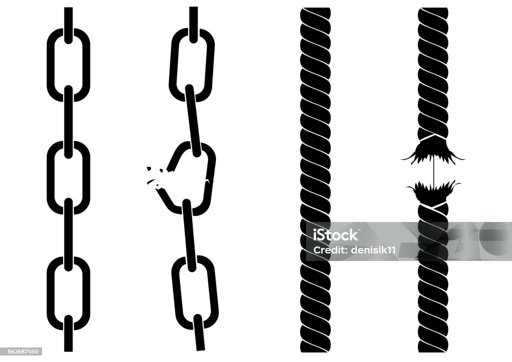 Silhouettes of chains and ropes Silhouettes of chains and ropes. A tearing chain. Destruction Chain - Object stock vector